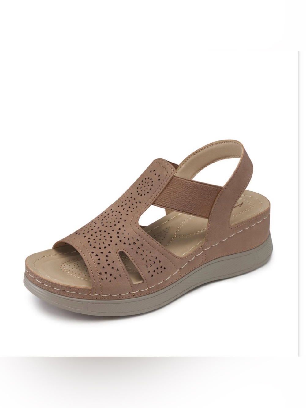 SHIBEVER Brown Ankle Strap Open Toe Low Heel Platform Wedges Shoes Taupe Size 7